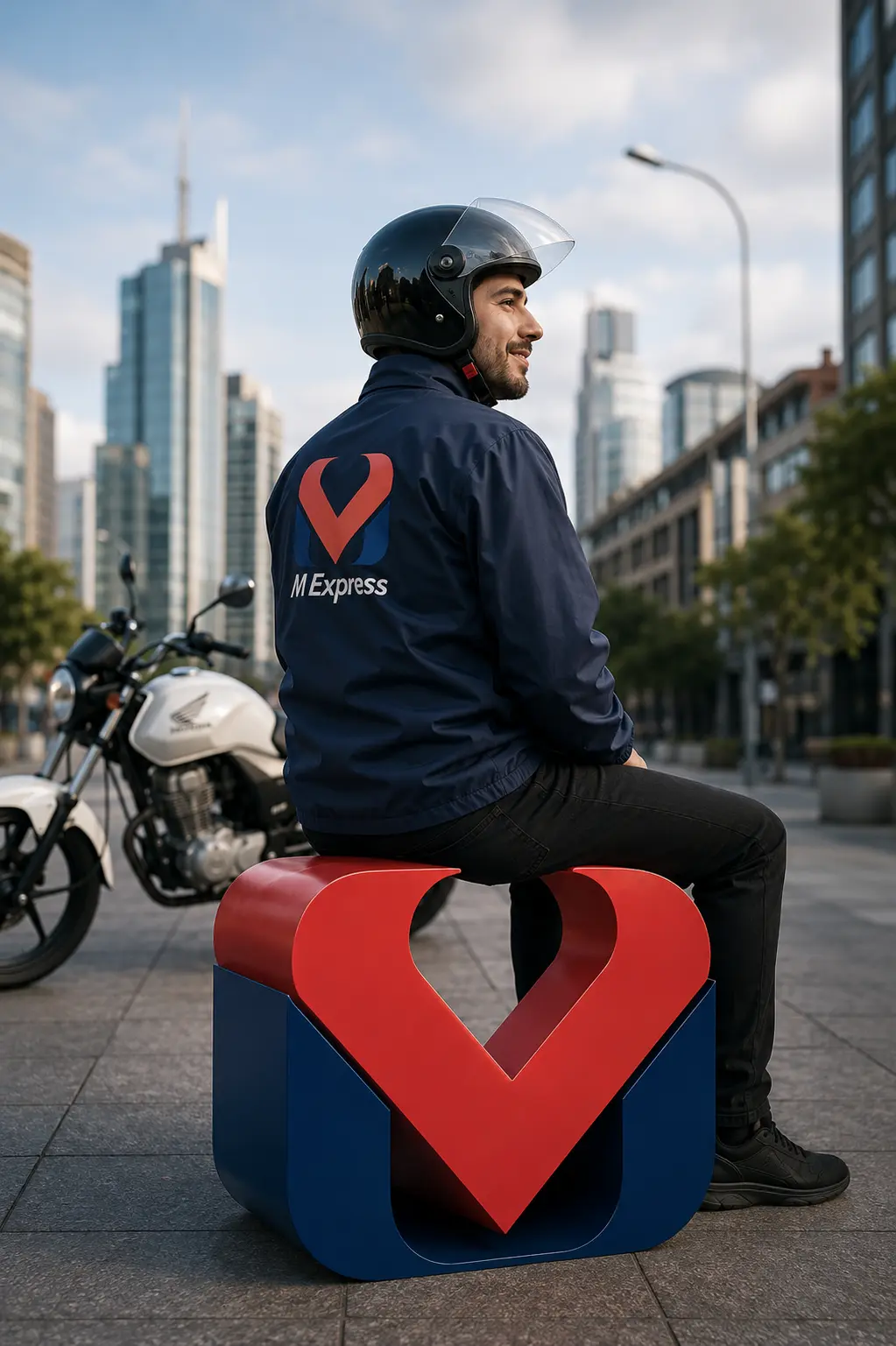 Repartidor de M Express sentado sobre el logo corporativo en Puerto Madero | Mensajería en Moto Premium